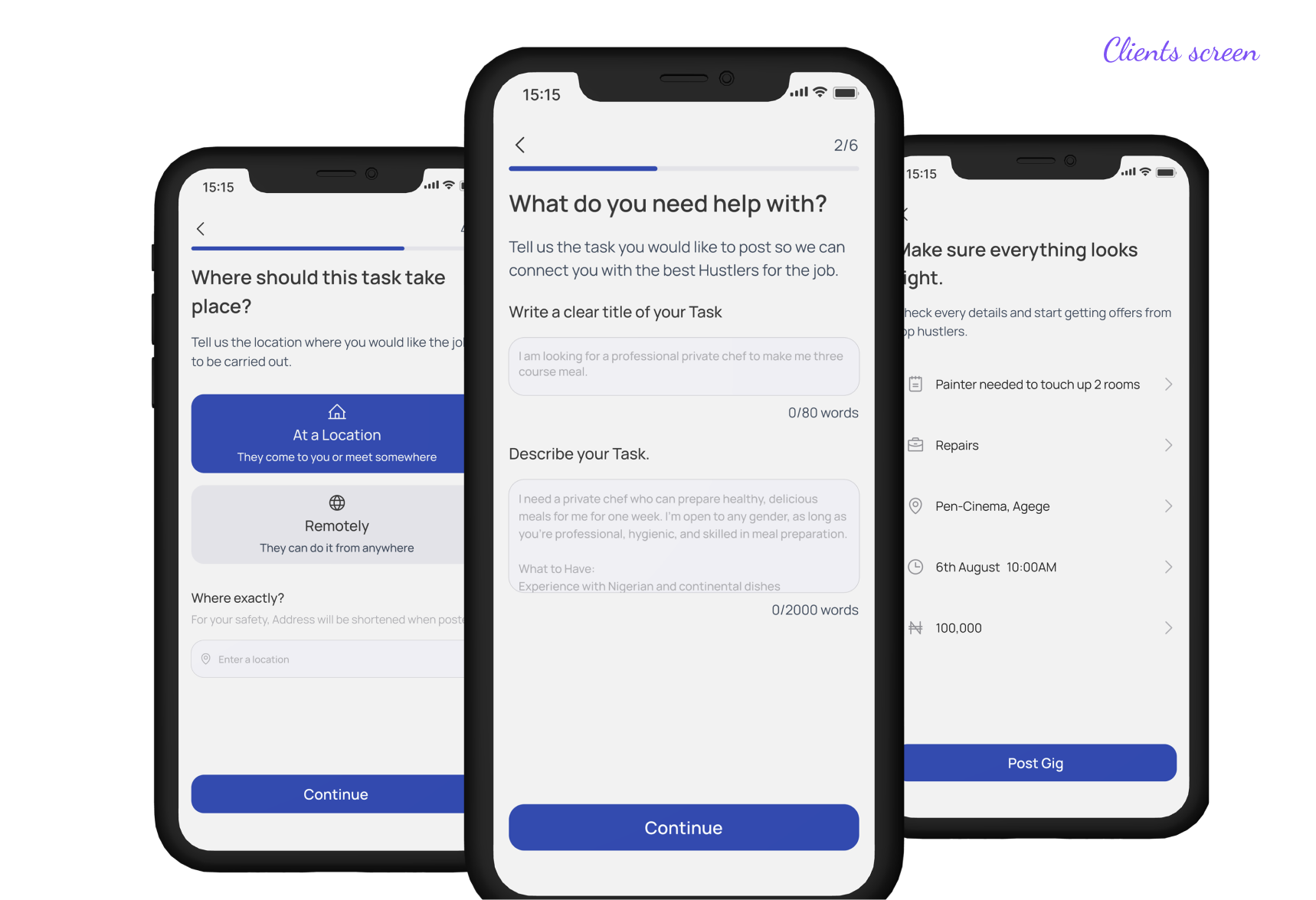 Hustle app client screen